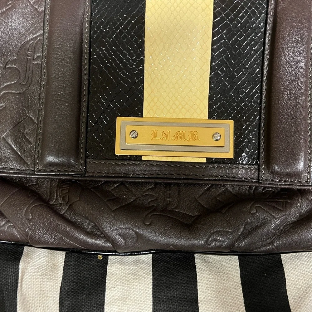 L.A.M.B. Dorset Chocolate Brown Leather Clutch with Faux Snakeskin